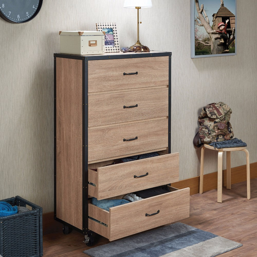 Wooden chest of drawers in weathered light oak brown with black metal trim and caster wheels