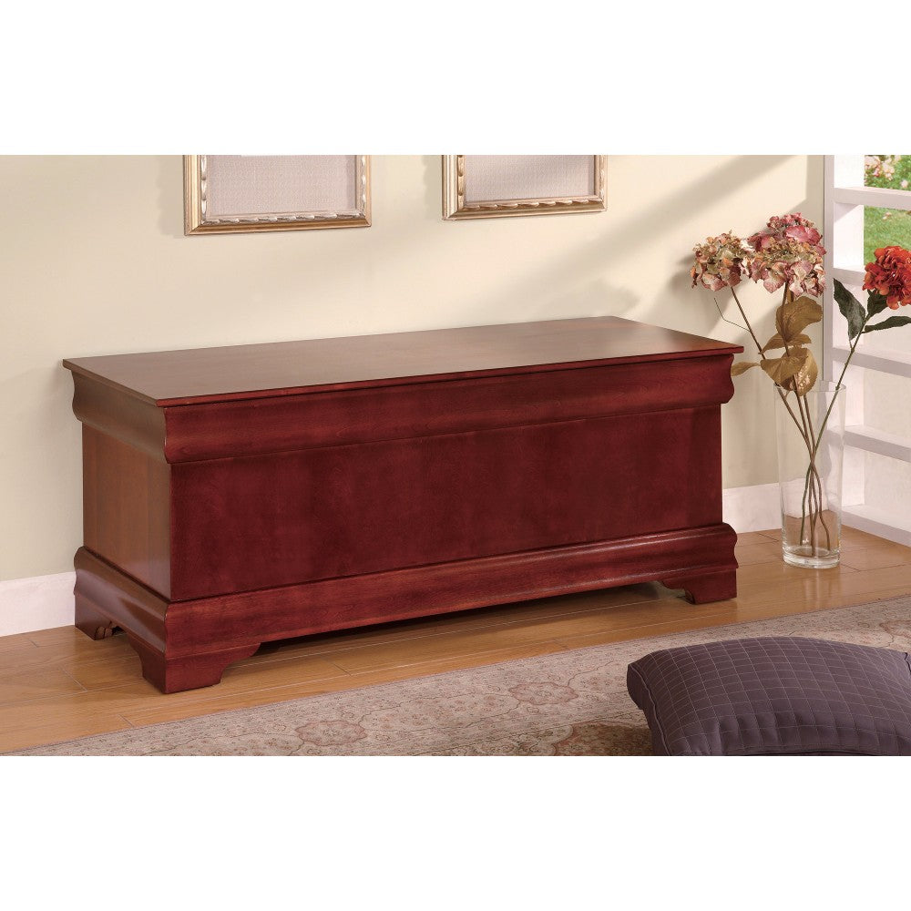 Traditional style wooden cedar chest with a brown finish.