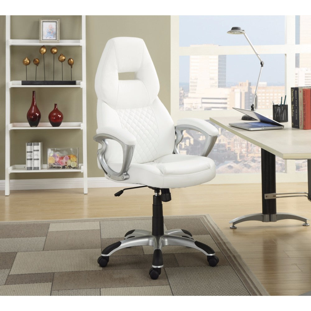 Leather executive high-back office chair in white with quilted back and chrome five-star base