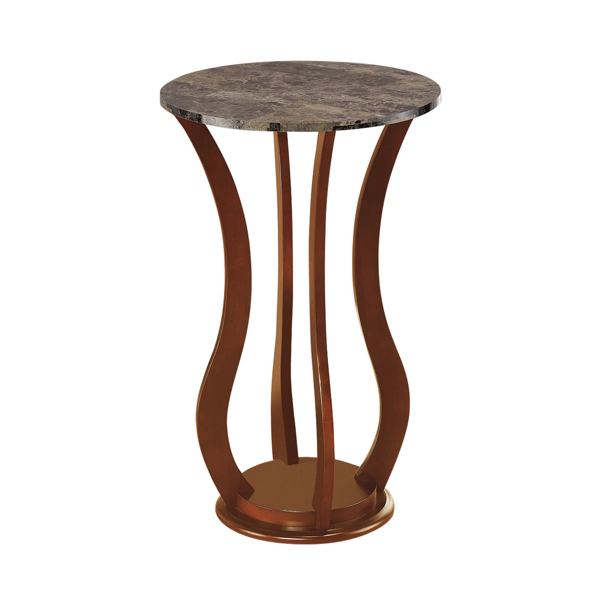 Plant stand with brown faux-marble top and sculpted wooden legs