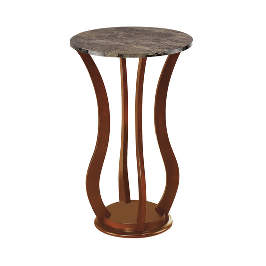 Plant stand with brown faux-marble top and sculpted wooden legs
