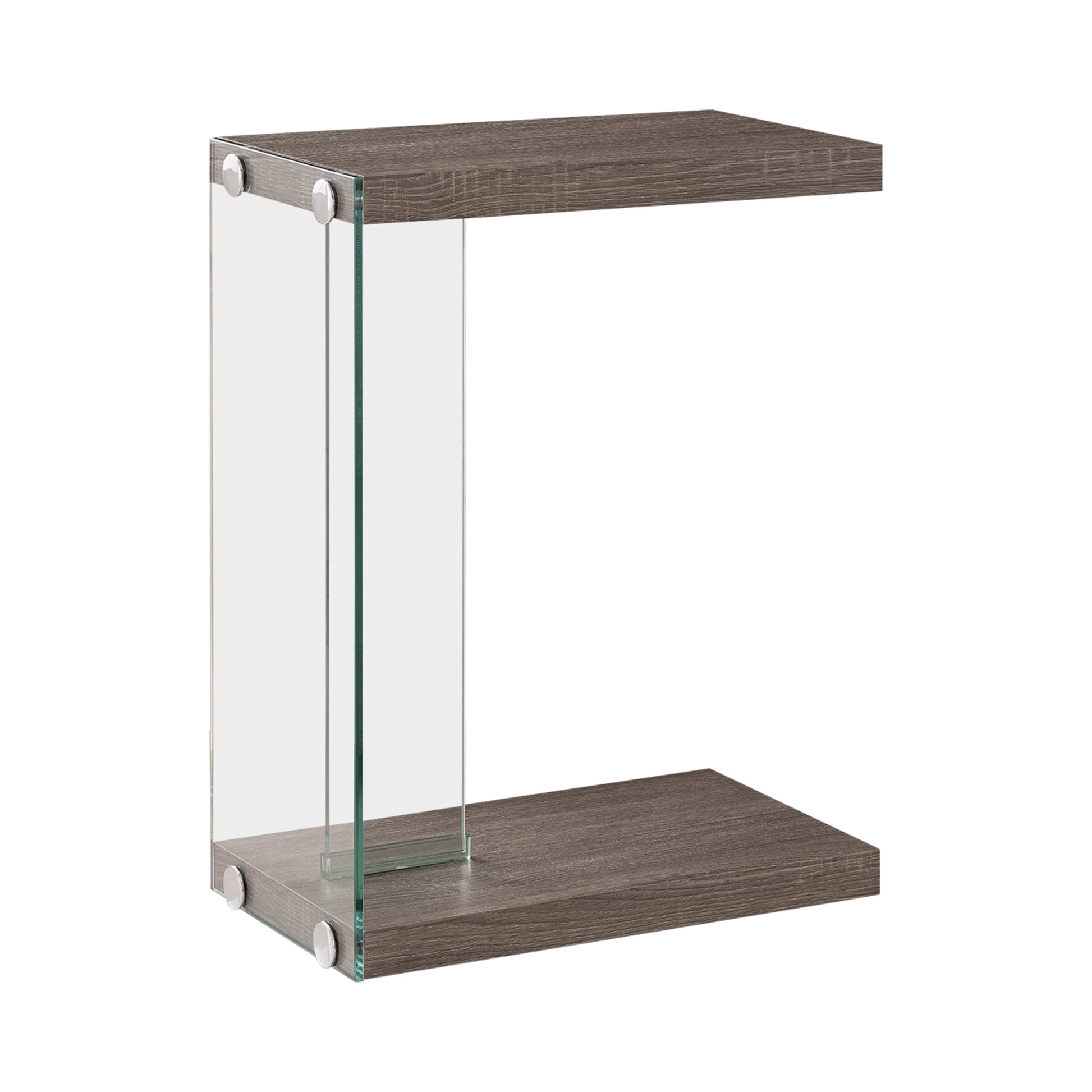Snack table, gray wood top with clear glass panels.