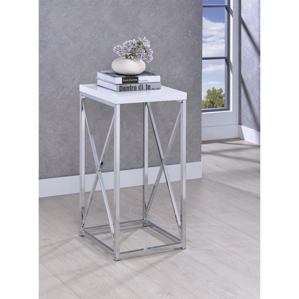 Fine Looking Metal Accent Table, white top with silver frame and X-brace sides.