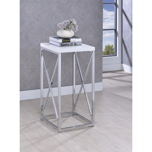 Fine Looking Metal Accent Table, white top with silver frame and X-brace sides.