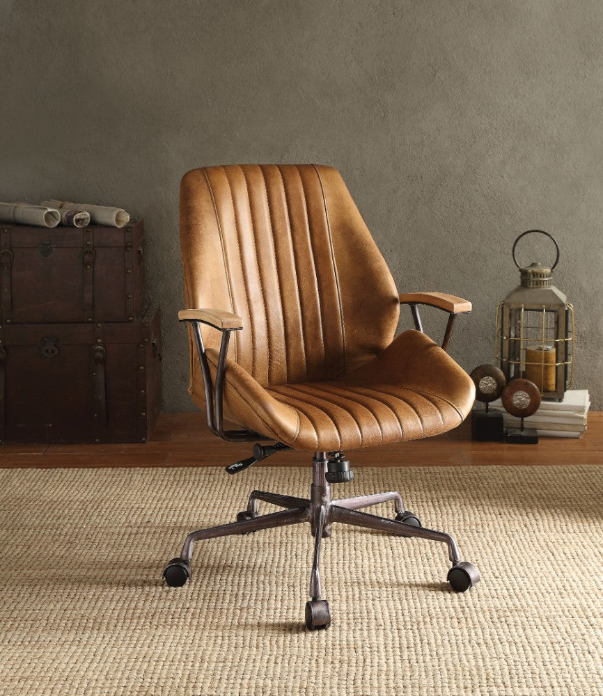 Coffee brown leather executive office chair with metal frame and wheeled five-point base
