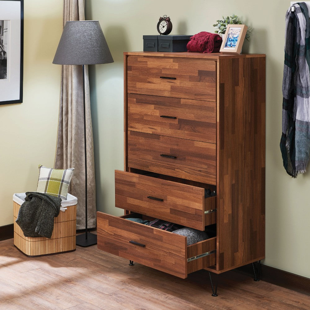 Wooden five-drawer chest in walnut brown on slim metal legs