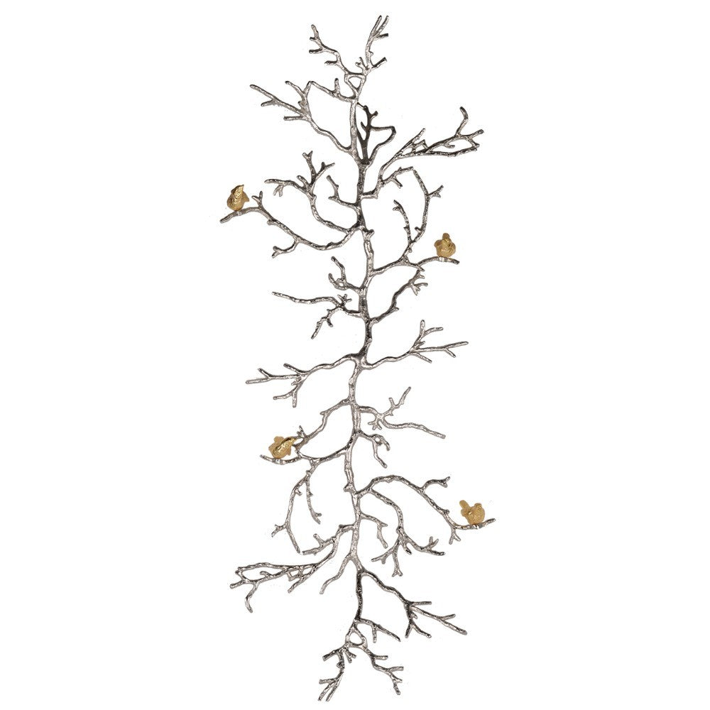 Aluminum Branch Wall Sculpture in silver finish with five gold birds for rustic nature-inspired decor