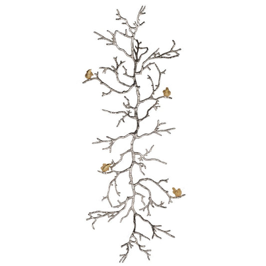 Aluminum Branch Wall Sculpture in silver finish with five gold birds for rustic nature-inspired decor
