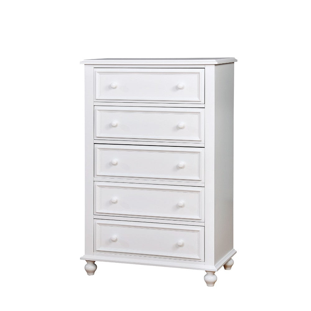 Wooden 5-drawer chest, white finish with paneled drawer fronts