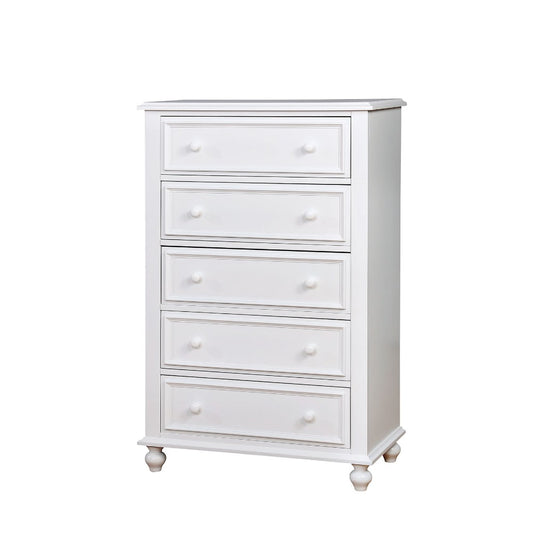 Wooden 5-drawer chest, white finish with paneled drawer fronts