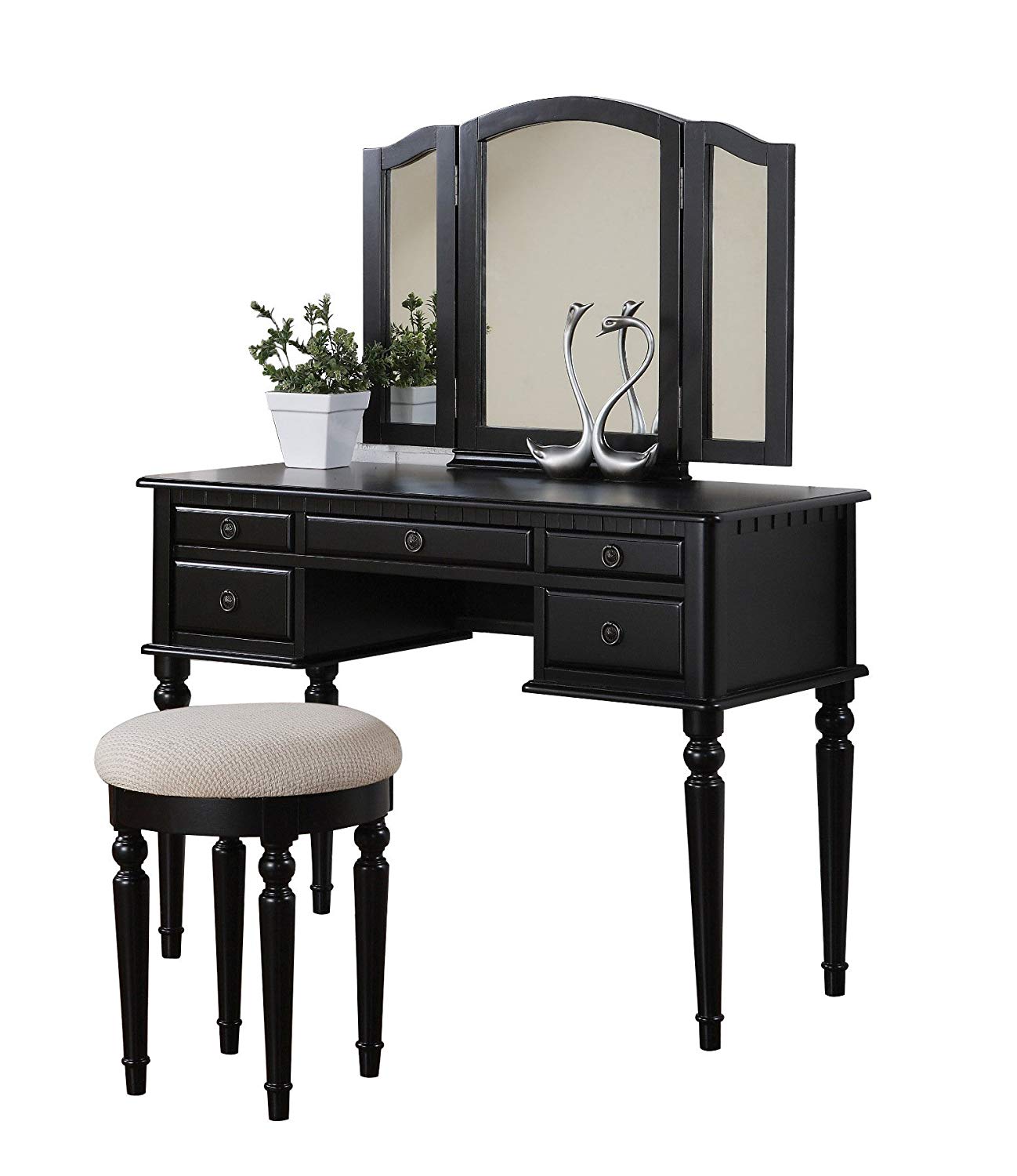 Benzara commodious black vanity set with stool and tri-fold mirror, featuring multiple drawers