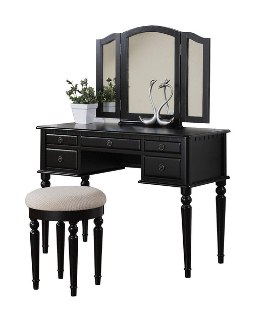 Benzara commodious black vanity set with stool and tri-fold mirror, featuring multiple drawers