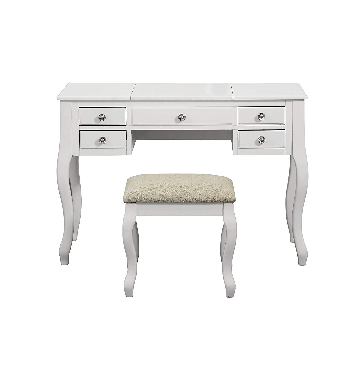 White vanity desk with matching cushioned stool, curved legs, and multiple drawers