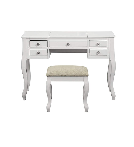 White vanity desk with matching cushioned stool, curved legs, and multiple drawers