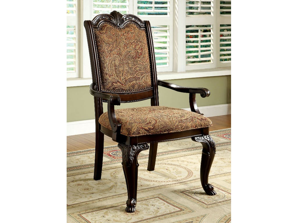 Classic Style Transitional Arm Chair, Cherry Brown by Benzara with a carved dark wood frame and paisley upholstery