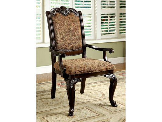 Classic Style Transitional Arm Chair, Cherry Brown by Benzara with a carved dark wood frame and paisley upholstery