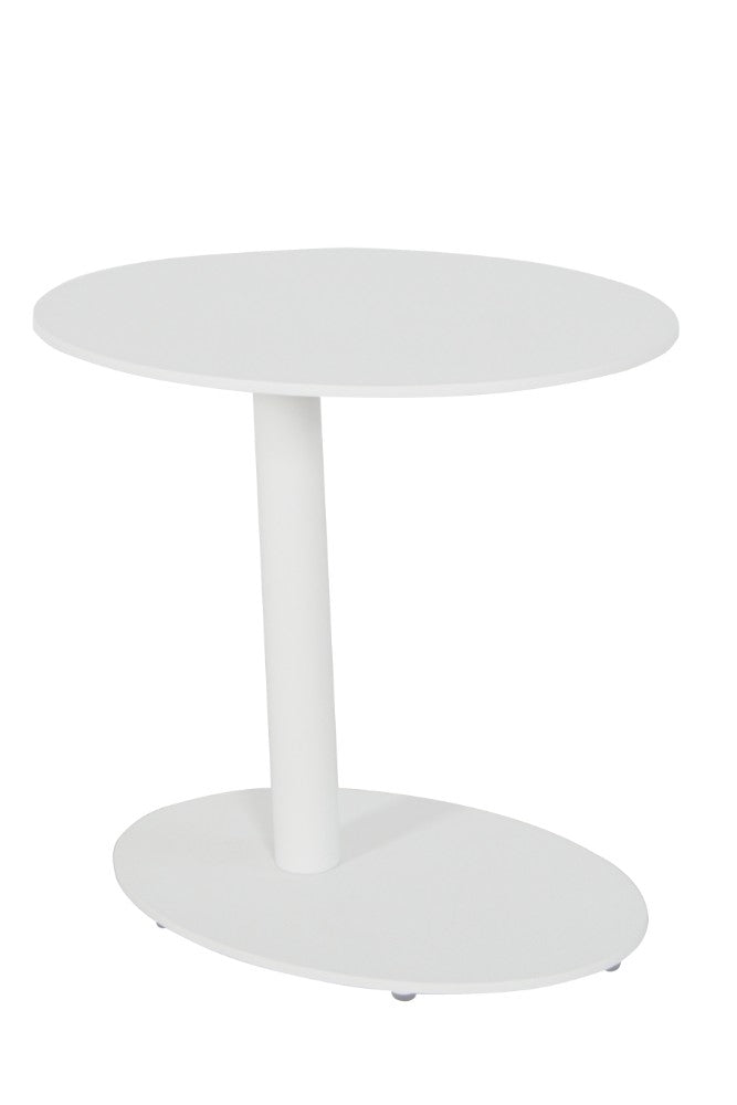 Modern metal outdoor side table with oval top and base, white