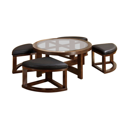 Benzara round wooden coffee table with glass top and 4 wedge-shaped ottomans with black cushions