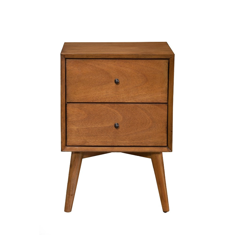 Mid-Century 26-inch nightstand with two drawers in chestnut brown mahogany wood