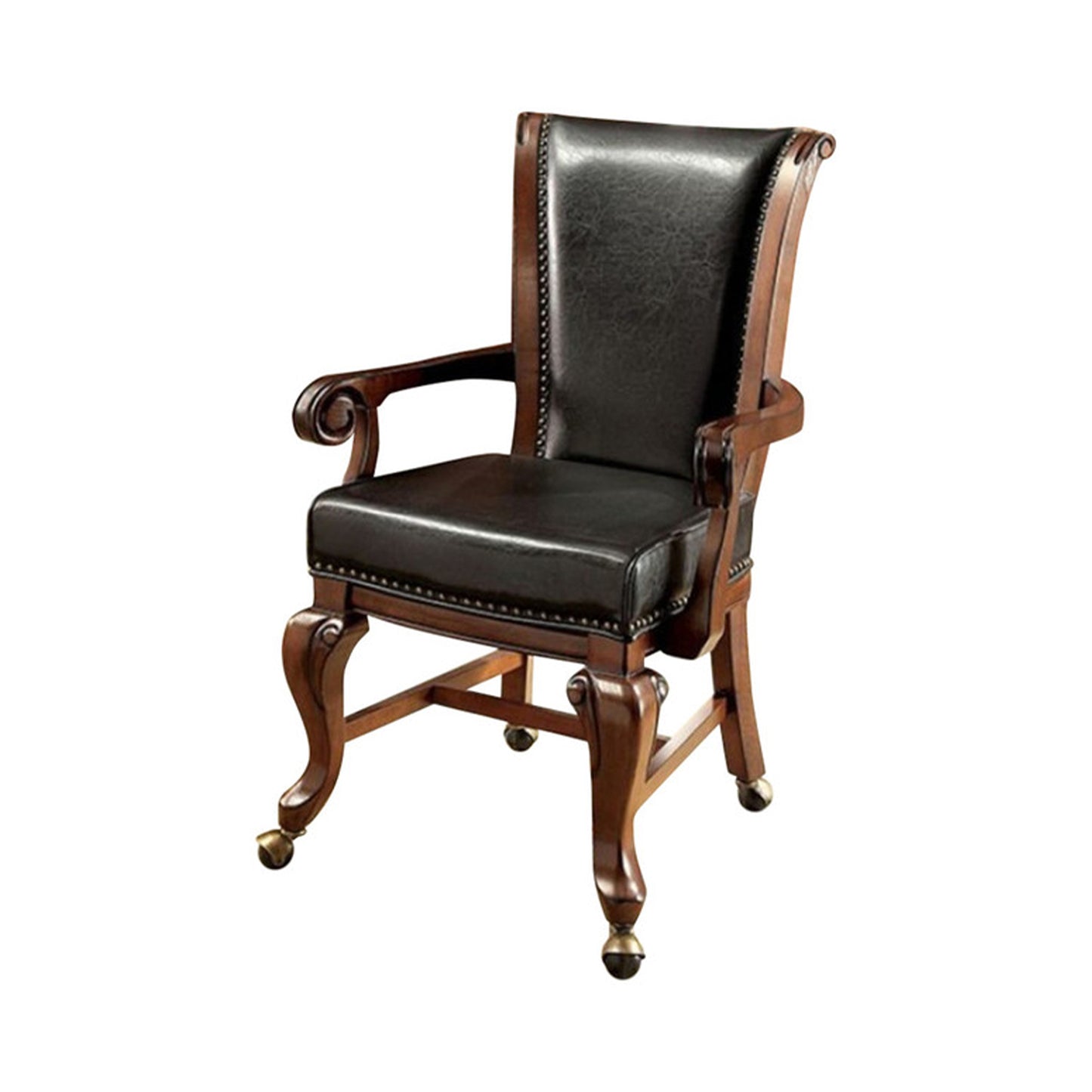 Majestic contemporary brown leather arm chair with nailhead trim and wooden frame on casters