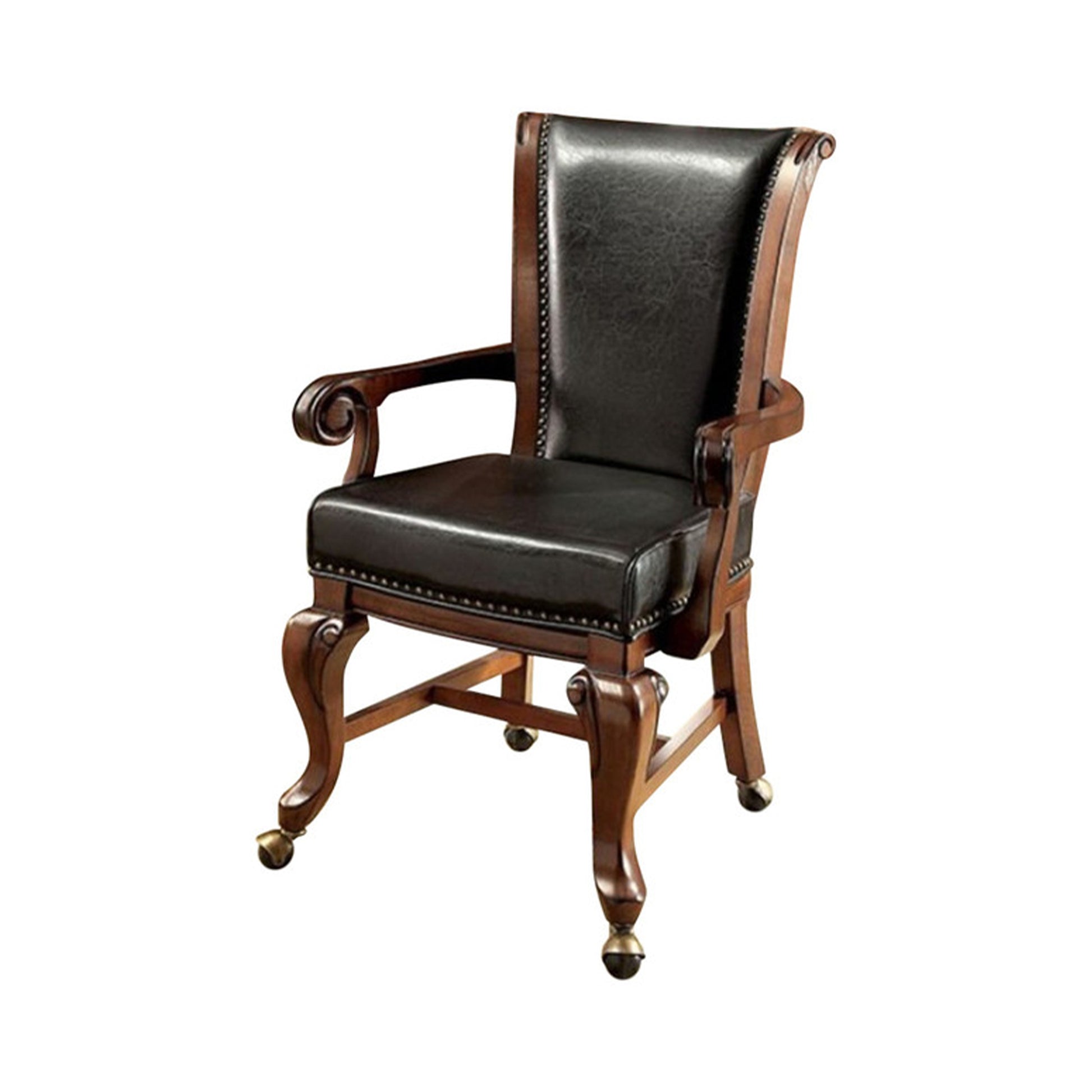 Majestic contemporary brown leather arm chair with nailhead trim and wooden frame on casters