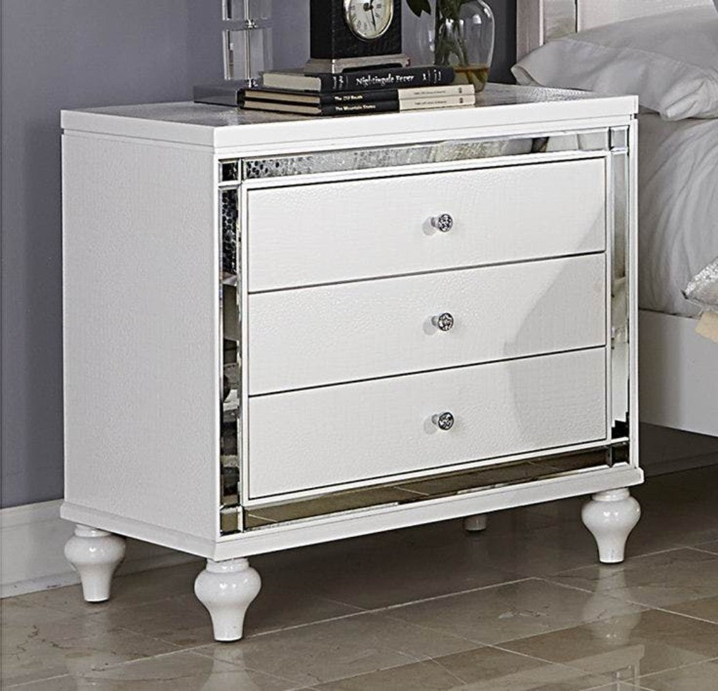 Nightstand in white faux alligator-embossed wood with 3 drawers, mirrored trim, crystal knobs