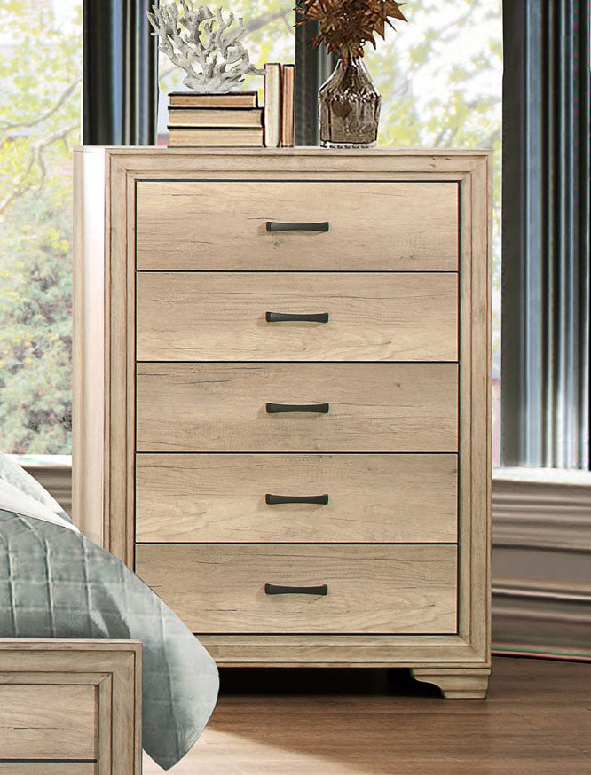 Natural tone wooden chest with five drawers in brown, weathered finish and black metal pulls, topped with books and vase