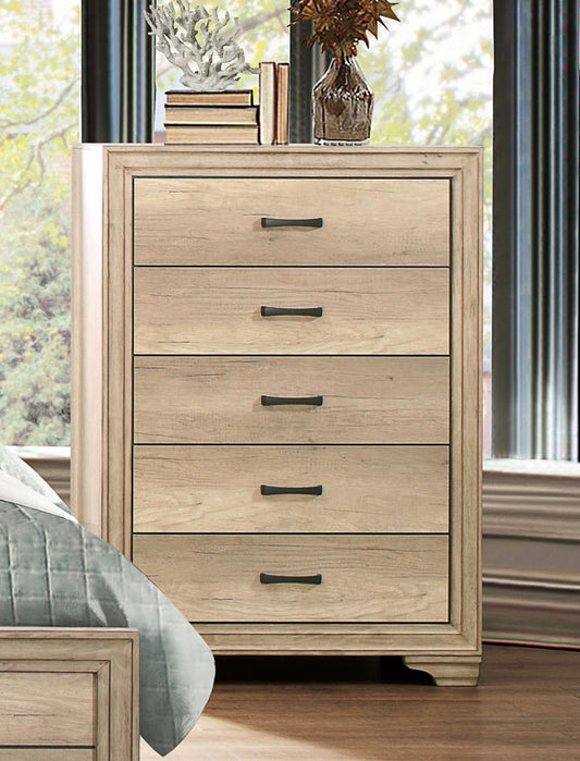 Natural tone wooden chest with five drawers in brown, weathered finish and black metal pulls, topped with books and vase
