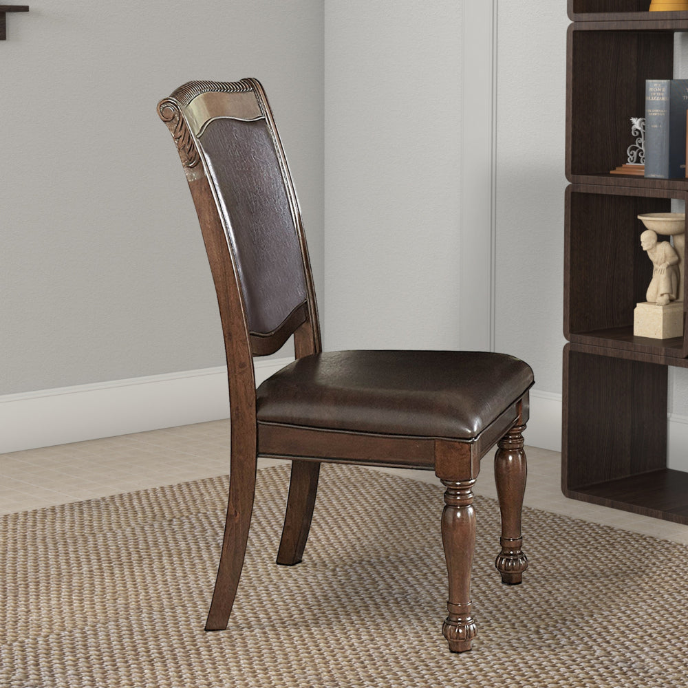 Wood & Leather Dining Side Chair, Cherry Brown & Dark Brown, Set Of 2