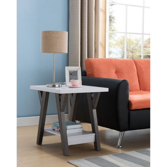 End table, 22-inch two-tone white top with gray legs and bottom shelf