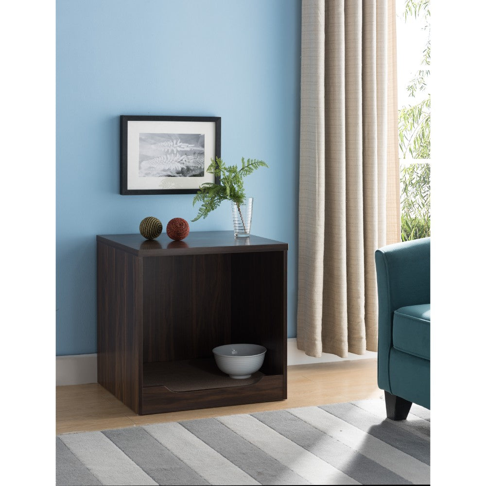 Pet end table, 22-inch brown wood with mat; open lower shelf and top decor with vase and decorative balls.