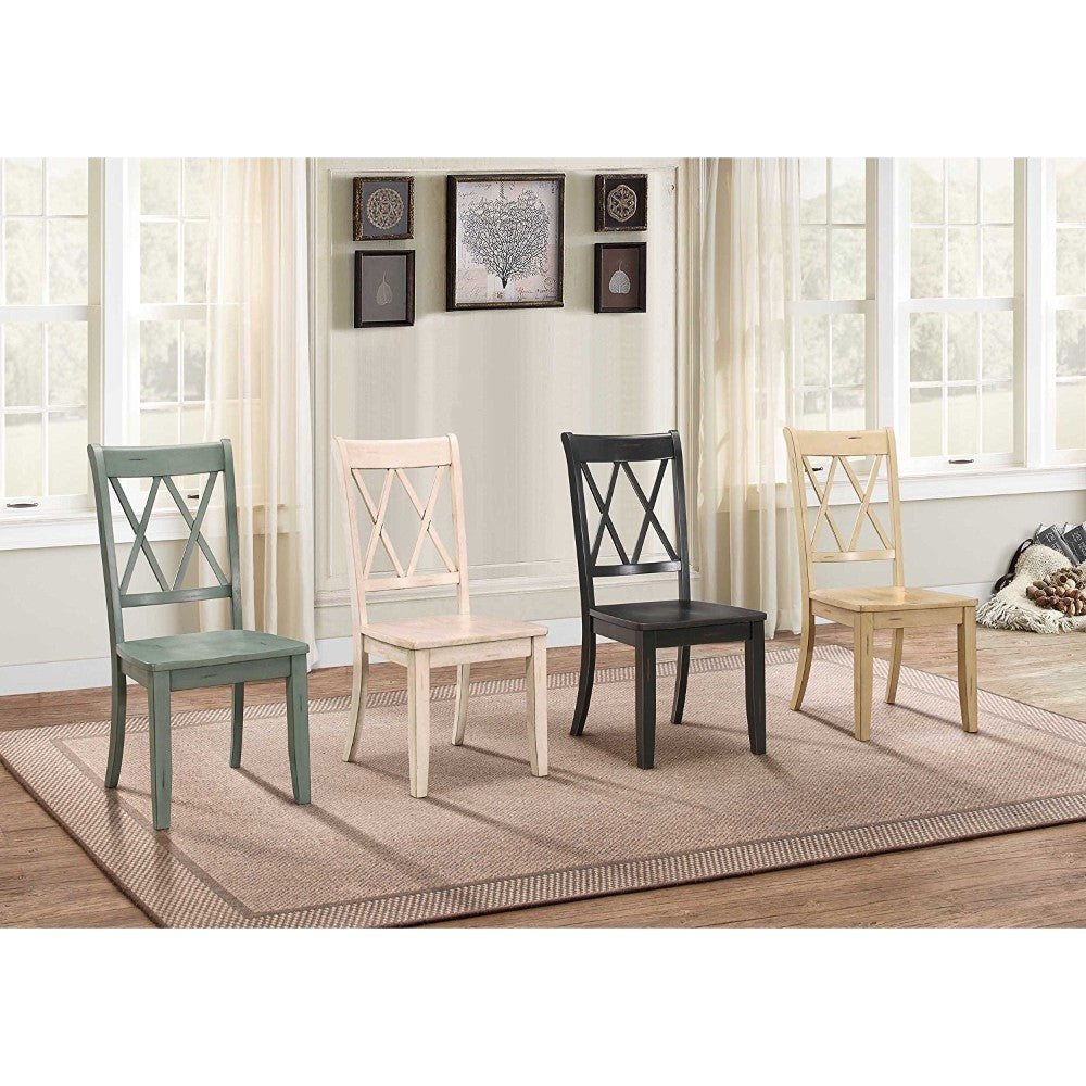 Pine Veneer Side Chair With Double X-Cross Back, Teal Blue, Set of 2