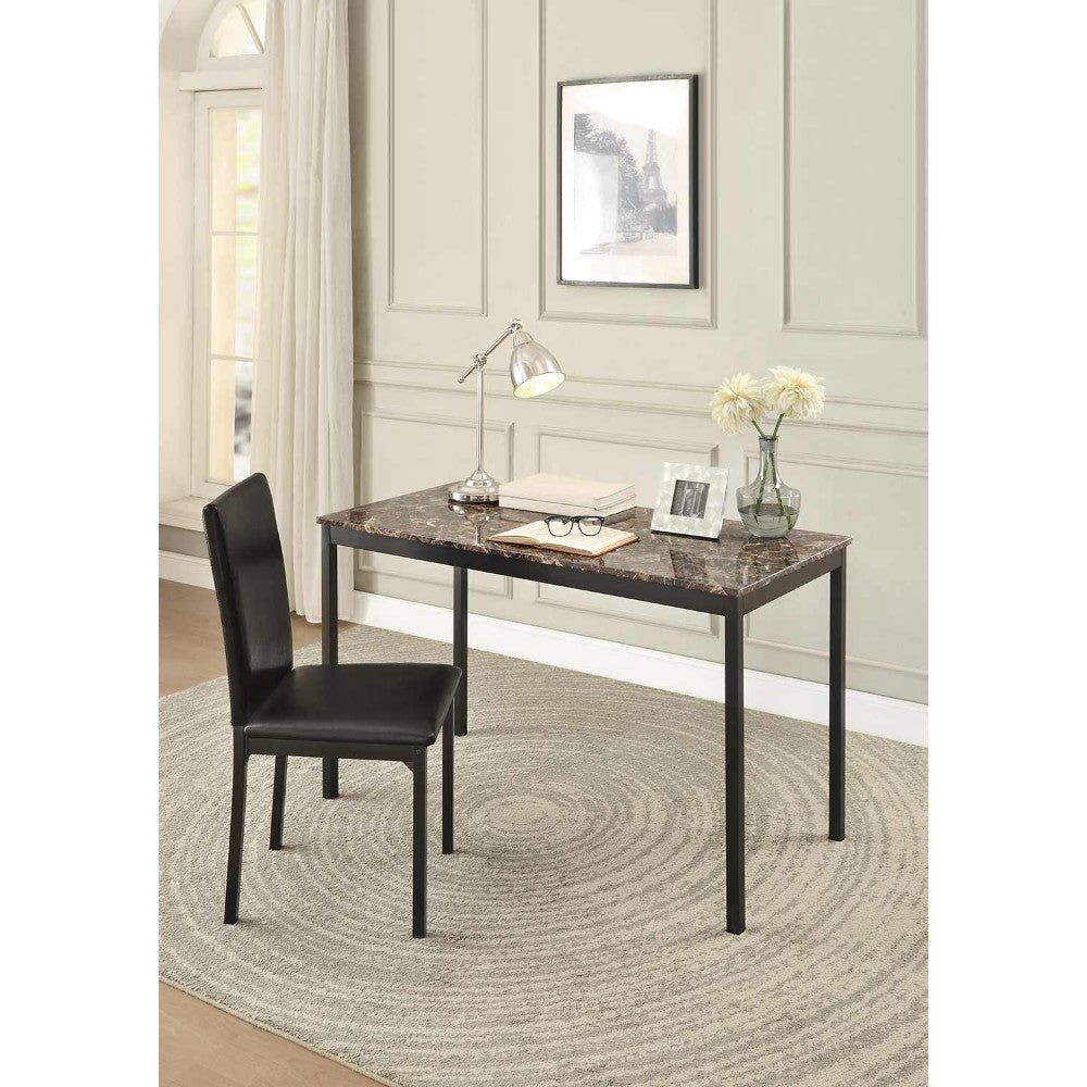 Faux marble writing desk with black leatherette upholstered metal chair in a modern home office setting