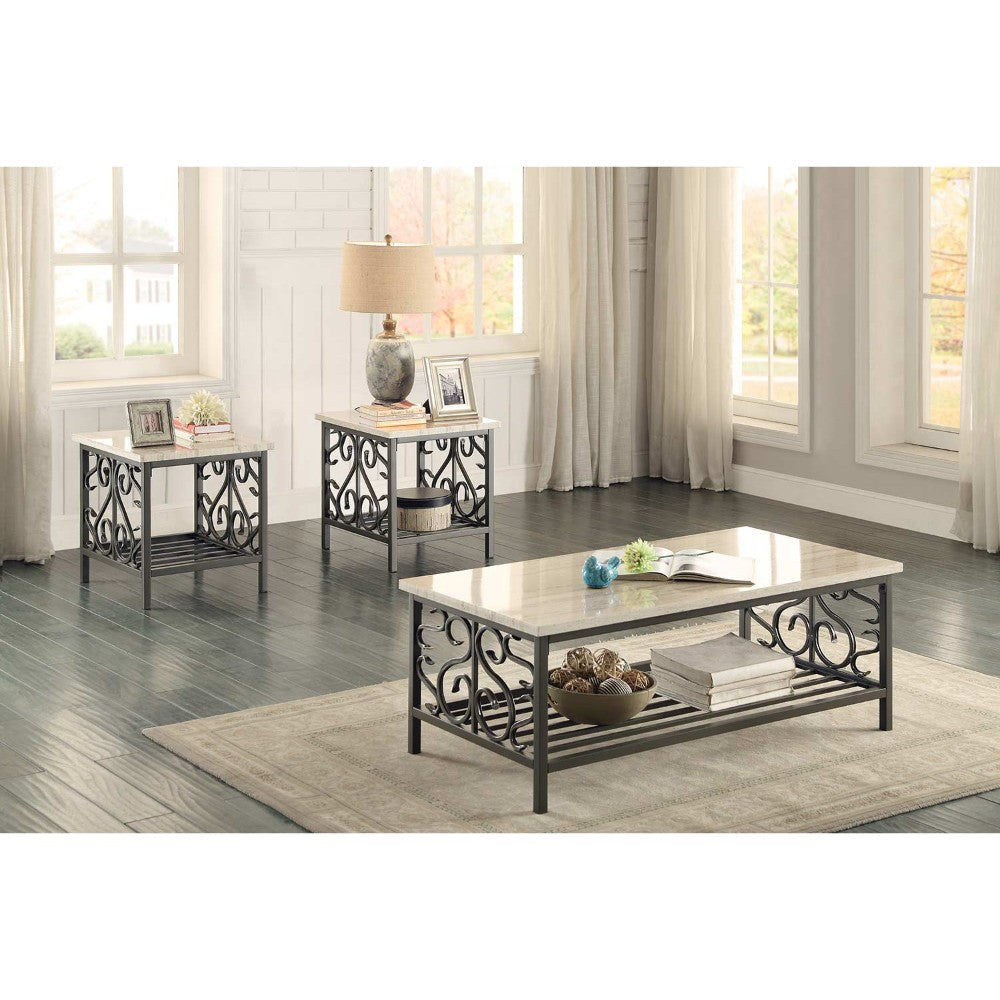 Three-piece faux marble-top table set with metal frame in cream and gray; includes coffee table and two end tables.
