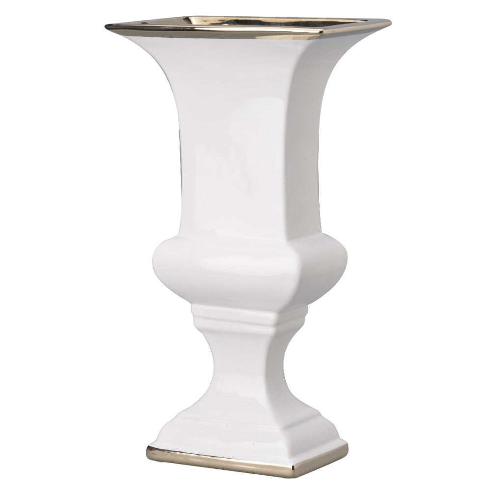 Ceramic decorative urn with rectangular opening, large white with gold trim by Benzara