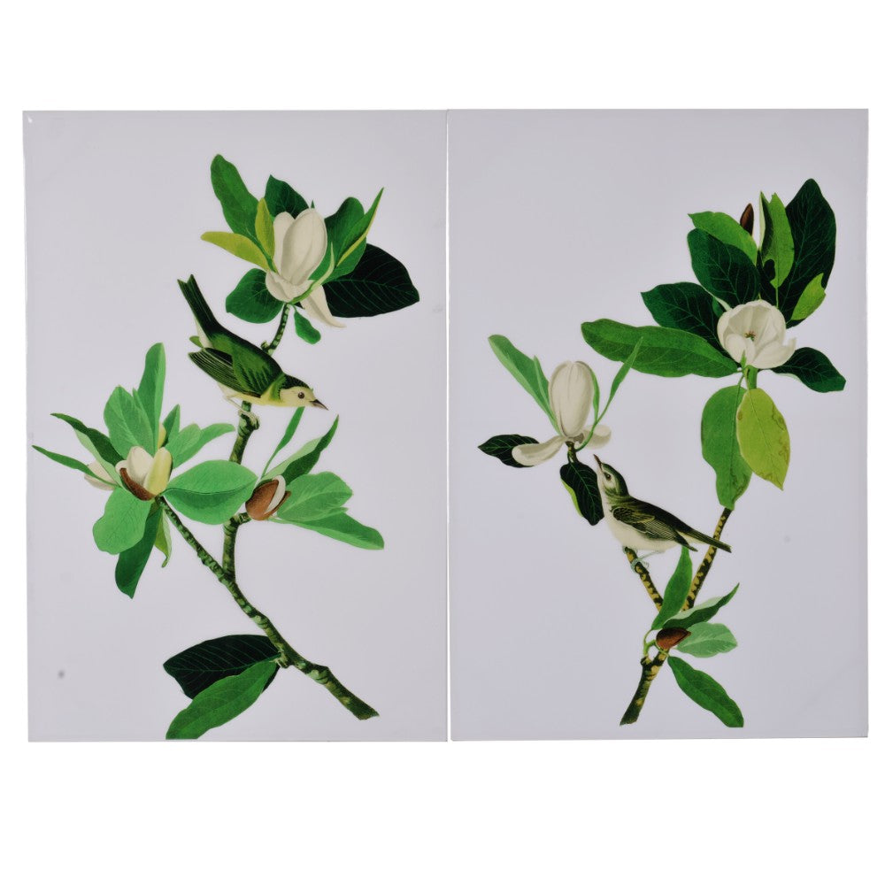 Magnolia blooms wall art on wooden base, multicolor, set of 2 panels, by Benzara