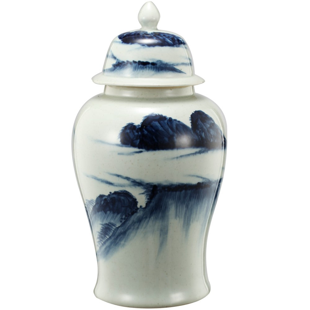 Ceramic windswept ginger jar with lid in white and blue brushstroke landscape