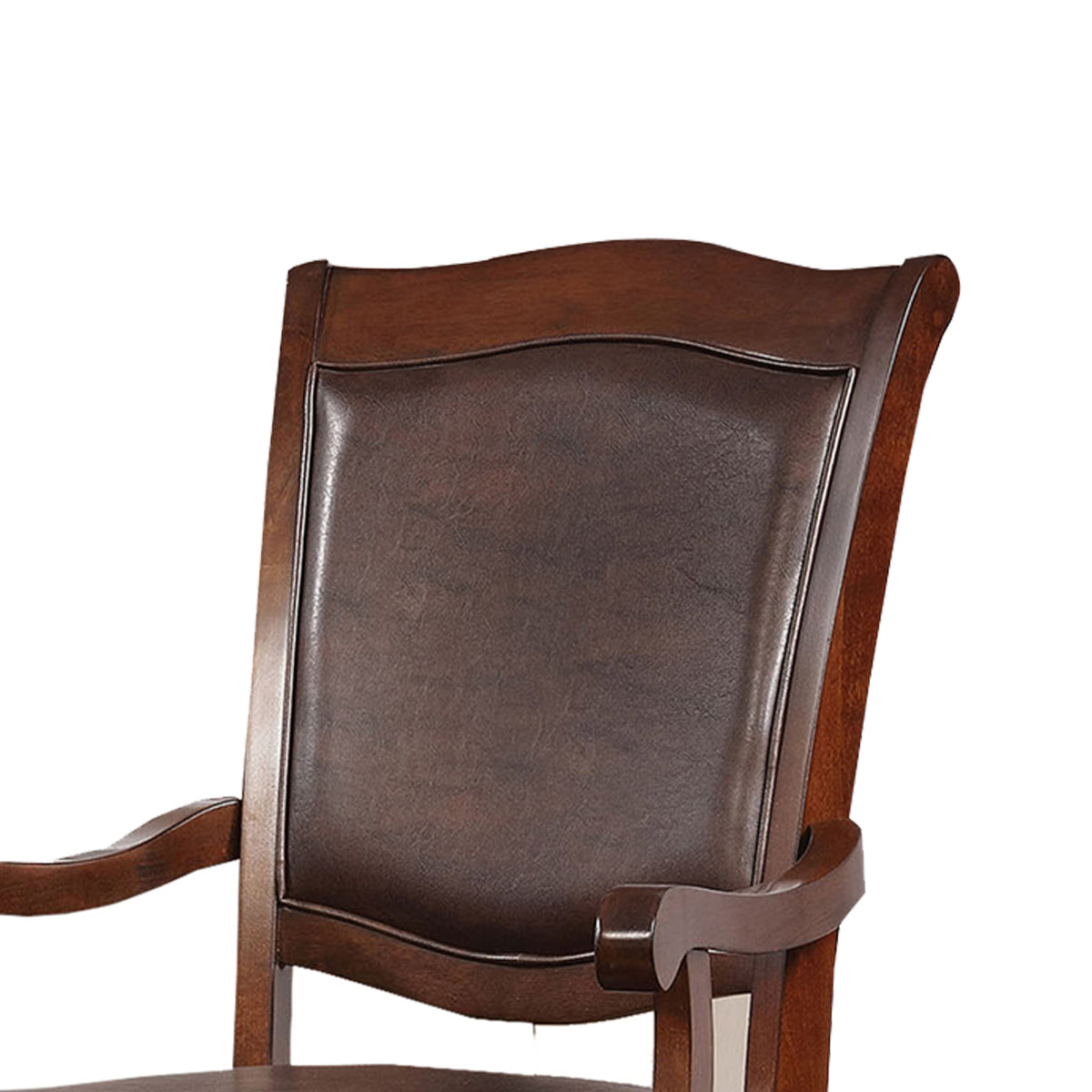 Wooden arm chair with dark brown leather upholstery and cherry finish