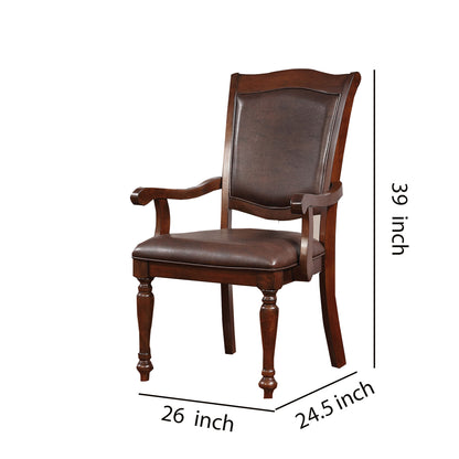 Wooden Arm Chair With Leather Upholstery, Cherry Brown, Set Of 2