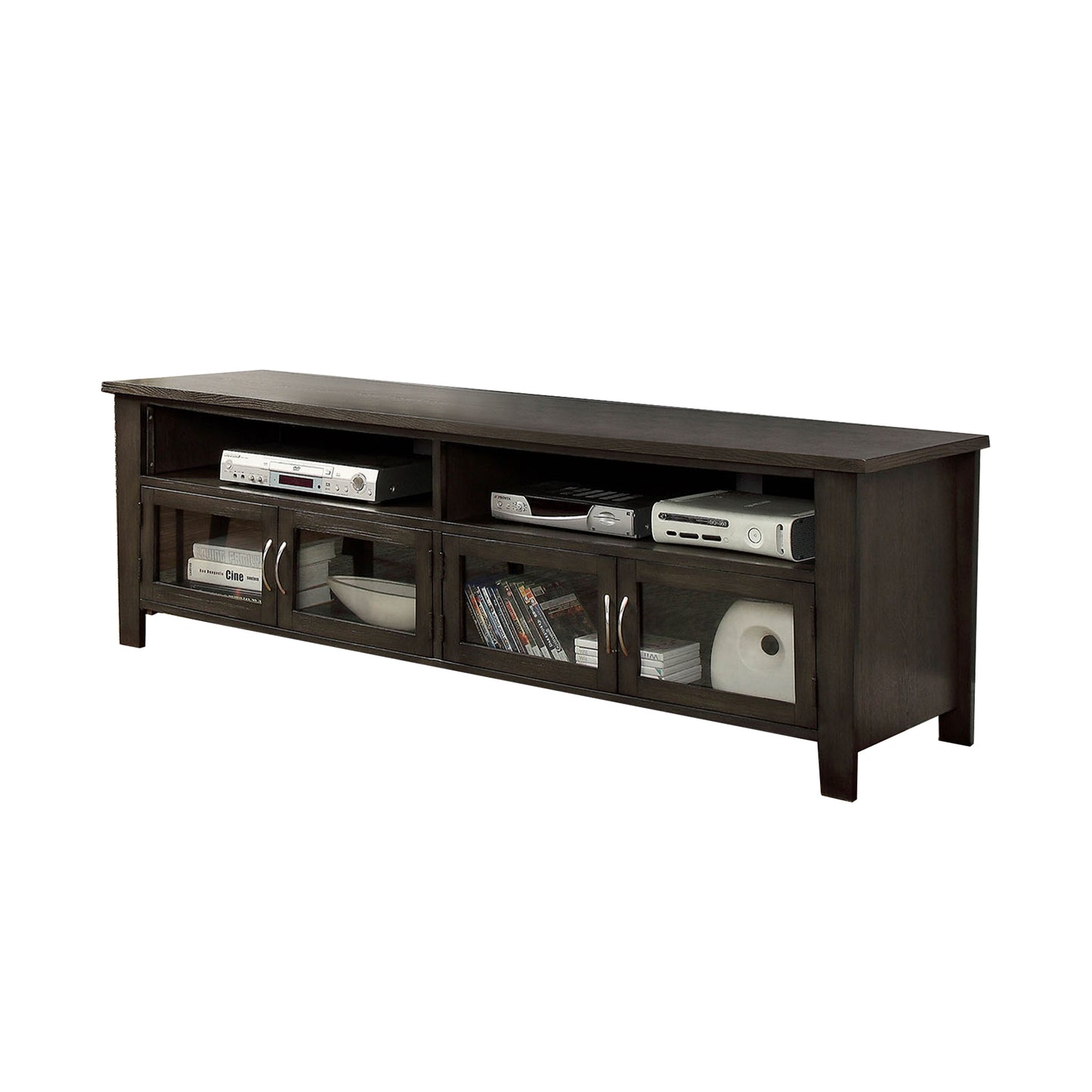 Benzara 72-inch brown wooden TV stand with 2 cabinets and 2 open shelves
