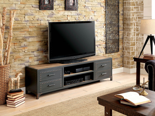 60-inch gray wooden TV stand with four drawers and two open shelves, Benzara