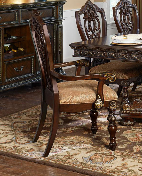 Set of 2 fabric-upholstered wooden armchairs with intricate carved backs in cherry brown