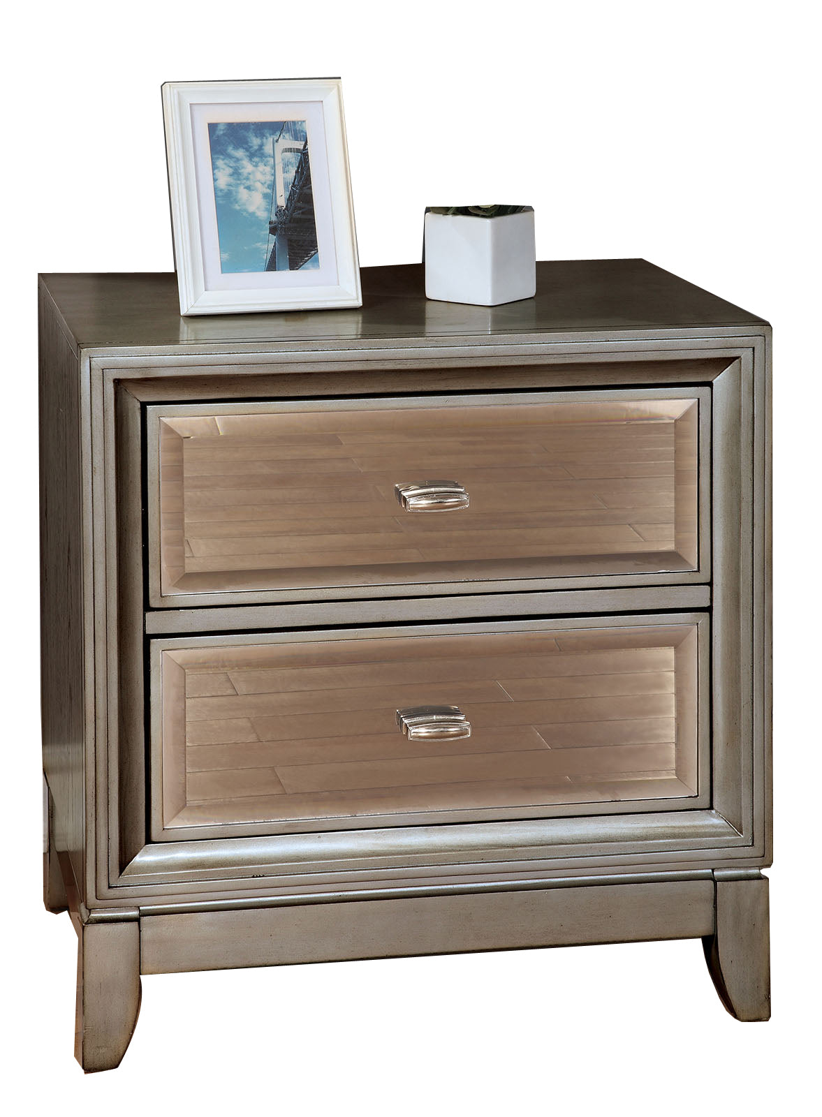 Contemporary solid wood nightstand with two silver drawers and beveled framed fronts, Benzara.