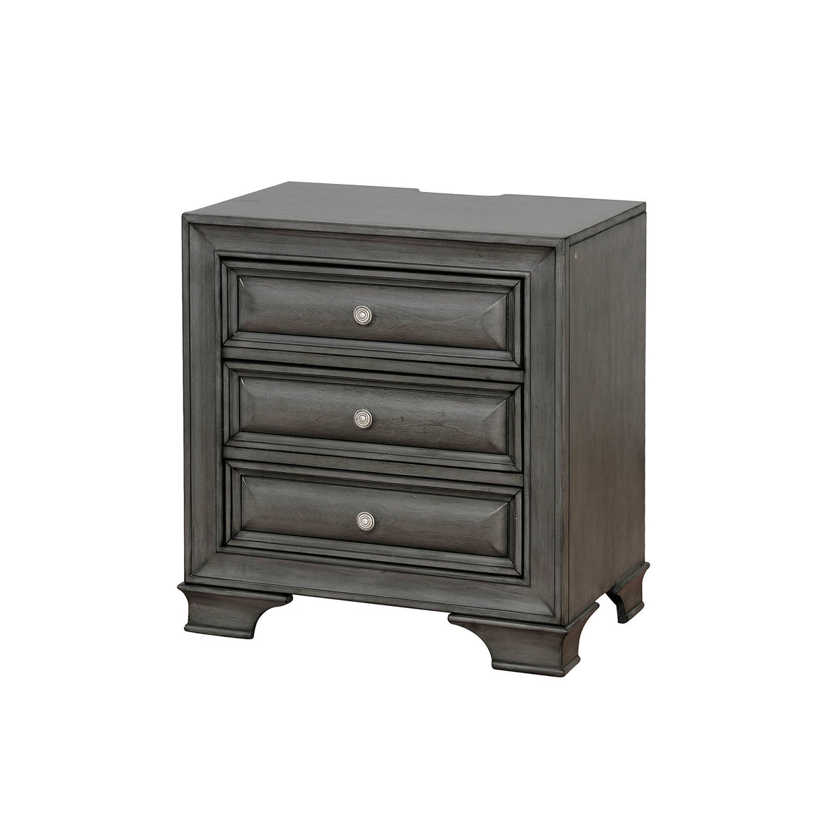Transitional wood nightstand with night light, gray finish, four drawers.