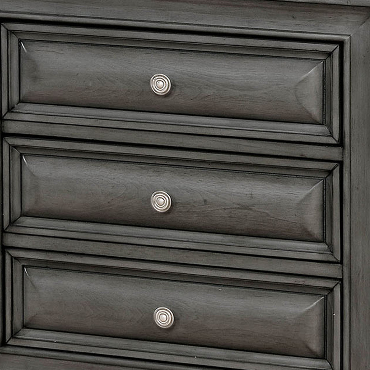 Nightstand in gray wood with round metal drawer knob, Benzara transitional style.