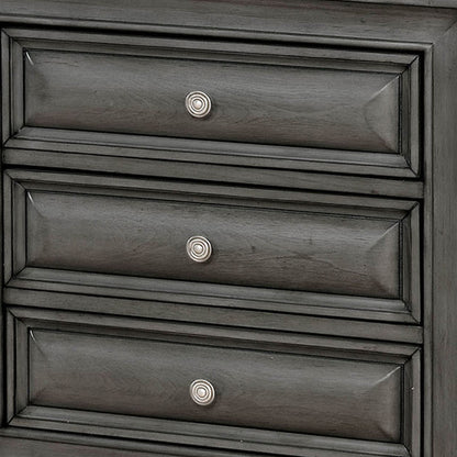 Nightstand in gray wood with round metal drawer knob, Benzara transitional style.