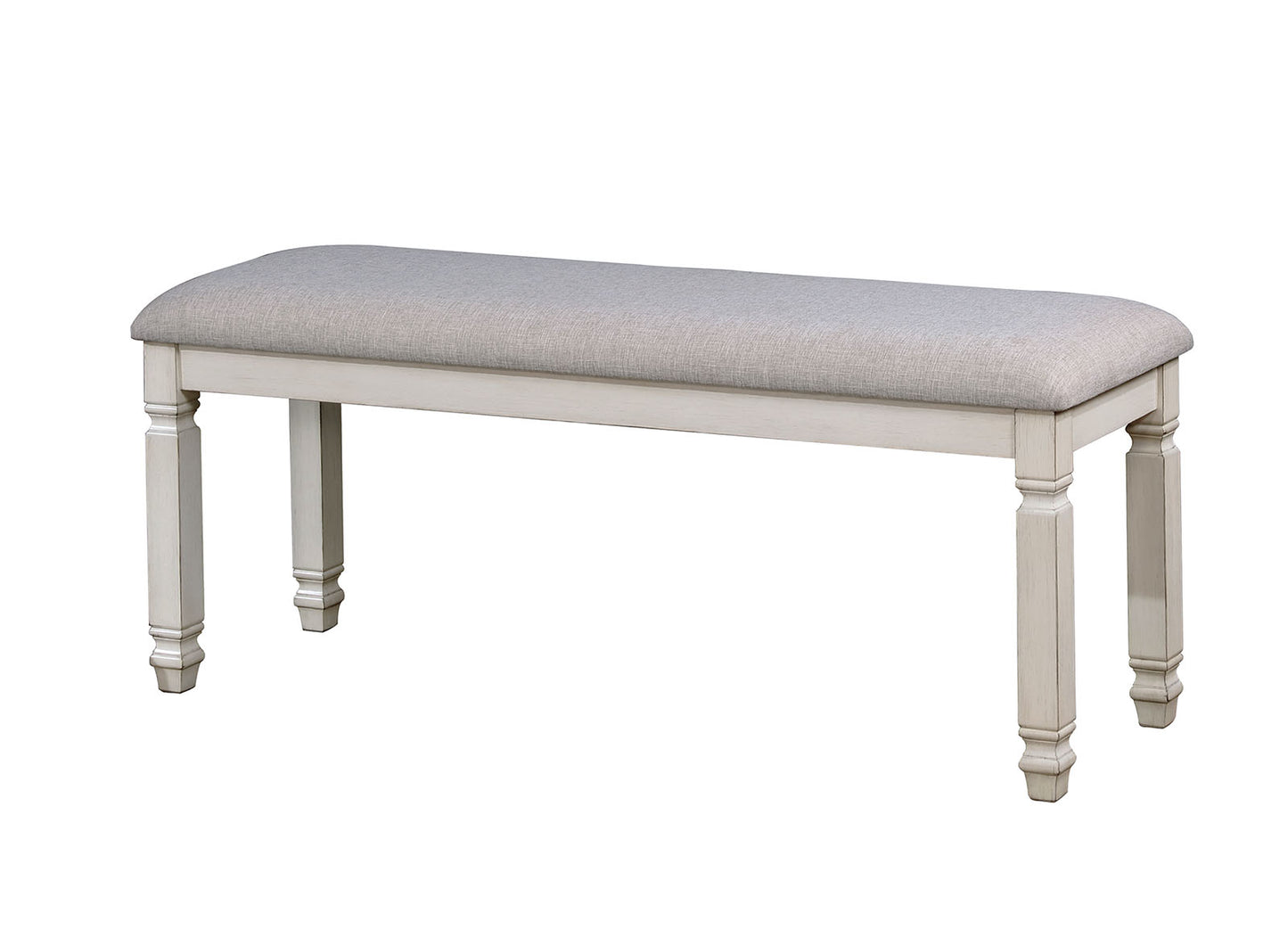 Fabric upholstered wooden bench with whitewashed frame and gray cushion