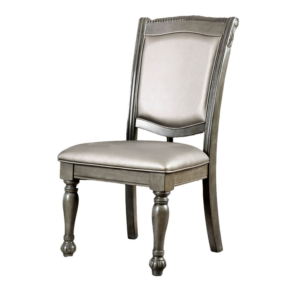 Faux Leather Upholstered Solid Wood Side Chair, Pack of Two, Silver and Gray