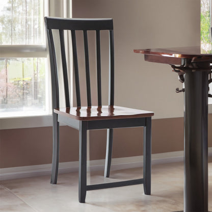 Wooden Seat Dining Chair with Slatted Backrest, Set of 2, Brown and Black
