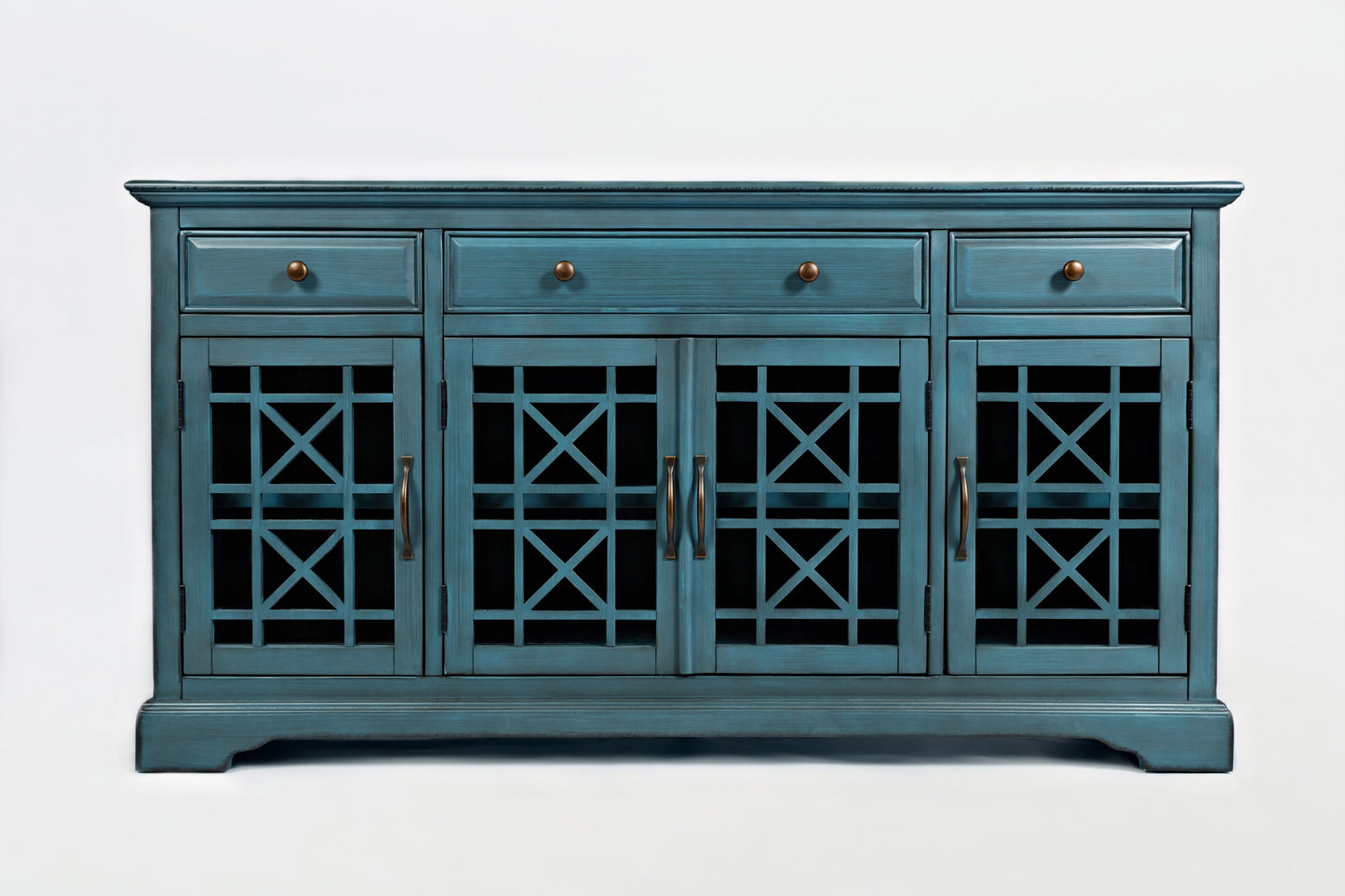 Koi 60 Inch Acacia Wood TV Media Entertainment Center Console, 4 Glass Doors, Crossed Wood Design, Antique Blue — Chic Home-Decor